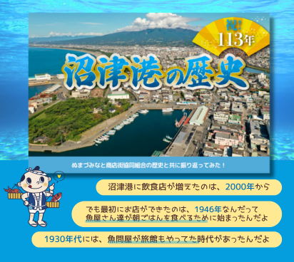 沼津港の歴史、沼津港に飲食店が増えたのは、2000年ごろから。 でも最初にお店ができたのは、1946年なんだって。 魚屋さんたちが朝ごはんを食べるために始まったんだよ。 さらにさかのぼると、1930年代には魚問屋さんが旅館もやってたんだって。